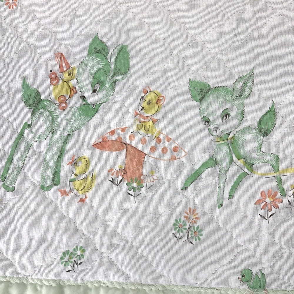 Vintage 70s Acrylic Baby Blanket Satin Trim Woodland Mushrooms Dear Bunny Chick - Picture 3 of 16
